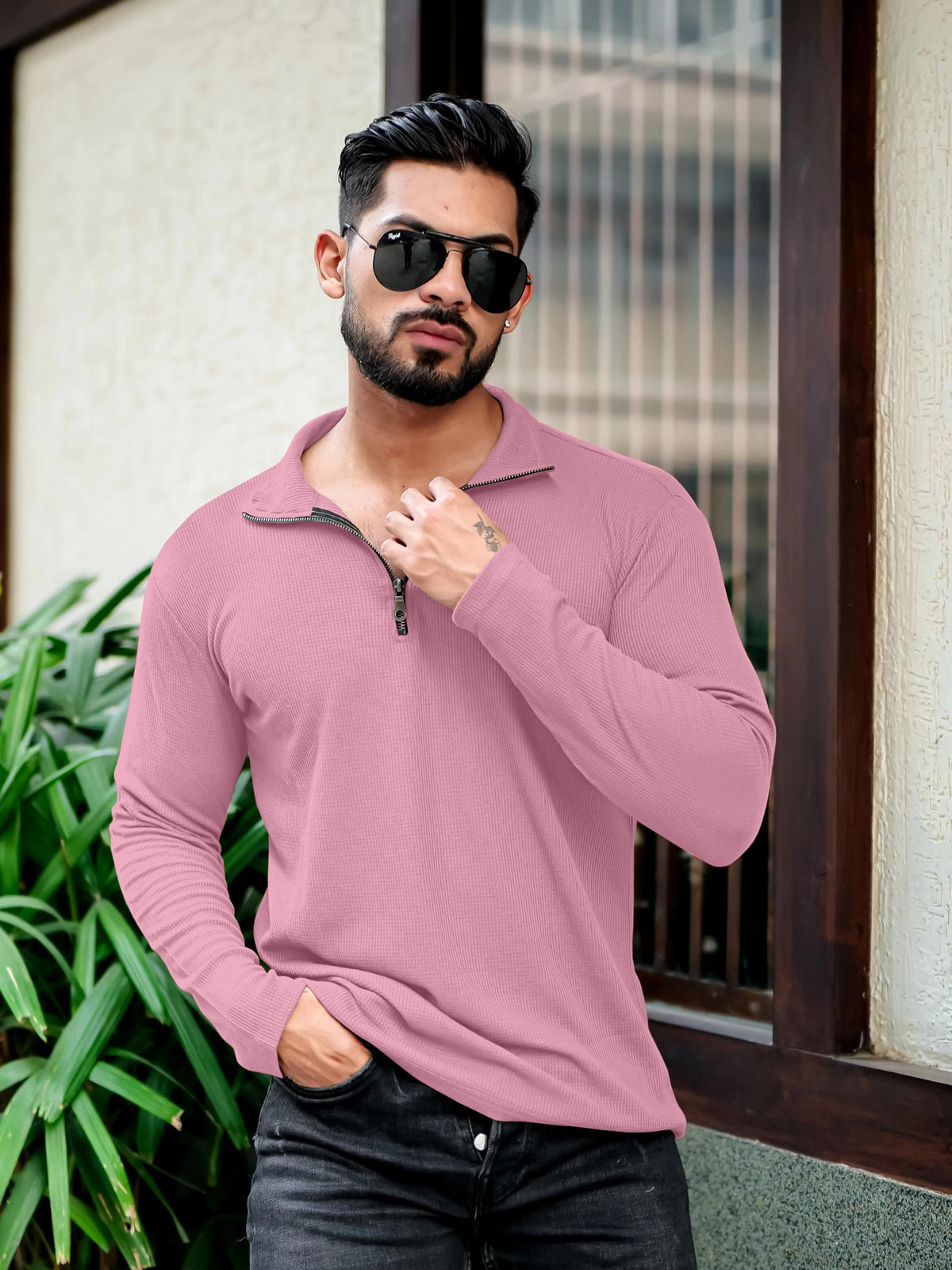 KAJARU Men's Polyester Blend T Shirt with Spread Collar Neck Line Zipper Closure Full Sleeves Solid Pattern Regular Fit and Standard Length