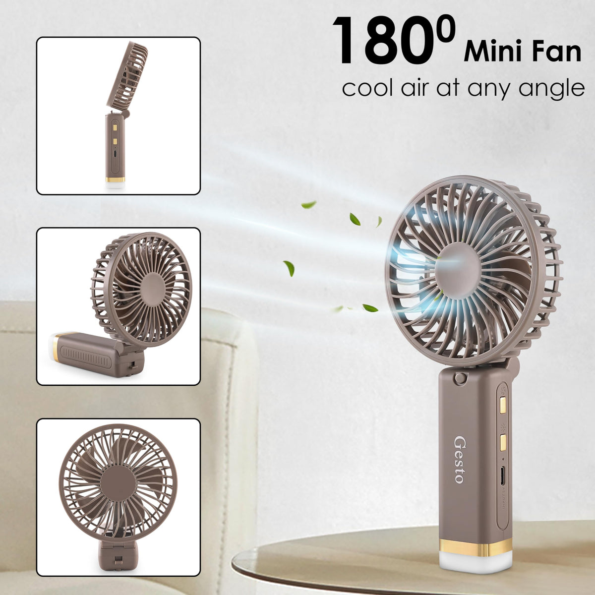 Gesto Portable Fan Rechargeable with LED Light – Foldable Mini Fan, Small Fan,USB Charging Hand Fan with 1200mAh Battery & 3 Speed Modes | Travel, Makeup, Kitchen,Women’s Personal Pankhaa - Grey