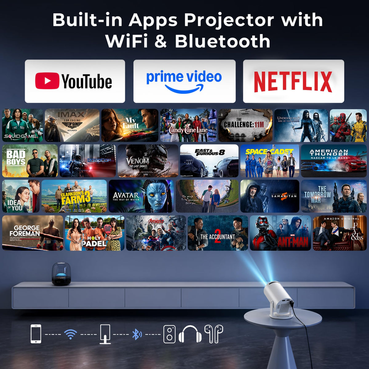OLV Portable Smart Mini Projector, 4K 1080P Full HD Projector Supports Netflix, Prime and YouTube Etc. WiFi 5G, BT-5.0, Cinema Projector 180° Android 11, Compatible with TV Stick/Windows/iOS/Android