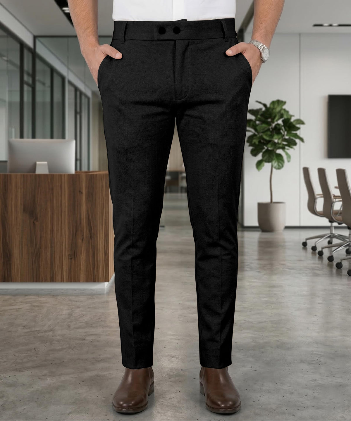 Mehrang Men's Slim Fit Casual Mid Rise Trousers, Cotton Blend, Side Pockets (in, Numeric, 34, Regular, Black)