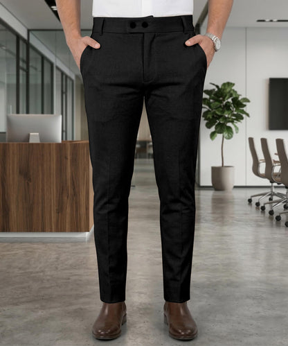 Mehrang Men's Slim Fit Casual Mid Rise Trousers, Cotton Blend, Side Pockets (in, Numeric, 34, Regular, Black)