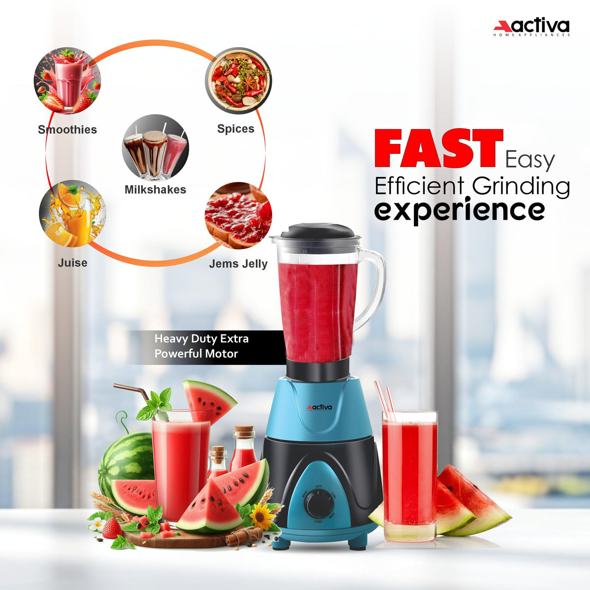 ACTIVA Megamix 1000W Mixer Grinder with 4 Jars for Dry, Wet & Chutney Grinding | Stainless Steel Blades | Leak-Proof Airtight Jars | Shock-Proof Body | Safety Lock System | 2-Year Warranty