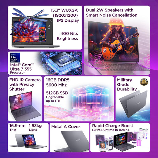 Lenovo IdeaPad Slim 3 Intel Core Ultra 7 355 Next-Gen AI PC (16GB RAM/512GB SSD/15.3" (38.86cm)/WUXGA IPS/Copilot+ PC/Windows 11/MSO 365 Basic+Office 2024/Backlit Keyboard/Grey/1.6Kg), 83UR009PIN