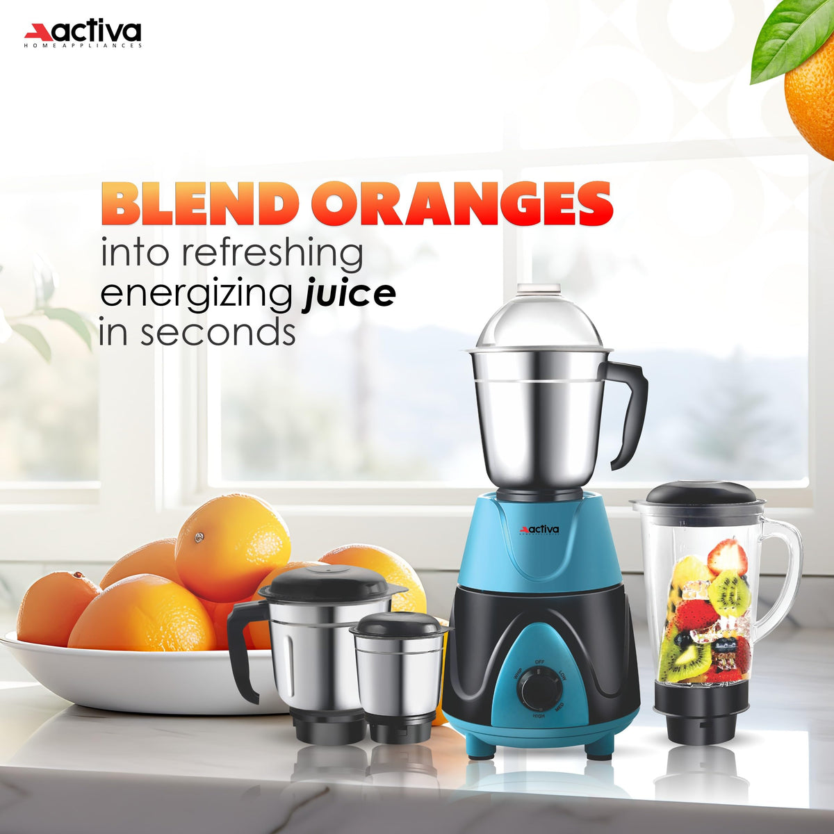 ACTIVA Megamix 1000W Mixer Grinder with 4 Jars for Dry, Wet & Chutney Grinding | Stainless Steel Blades | Leak-Proof Airtight Jars | Shock-Proof Body | Safety Lock System | 2-Year Warranty