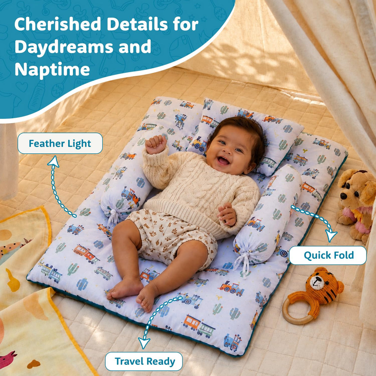 Amazon Brand - Supples Newborn Baby Bedding Set with 2 Side Bolster Pillows & 1 Head Pillow |100% Cotton, Soft & Breathable | Toy Vehicle Print | Blue