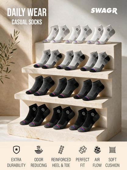 SWAGR 12 Pairs Sports Cotton Ankle Length Socks for Men, Pack of 12., Assorted