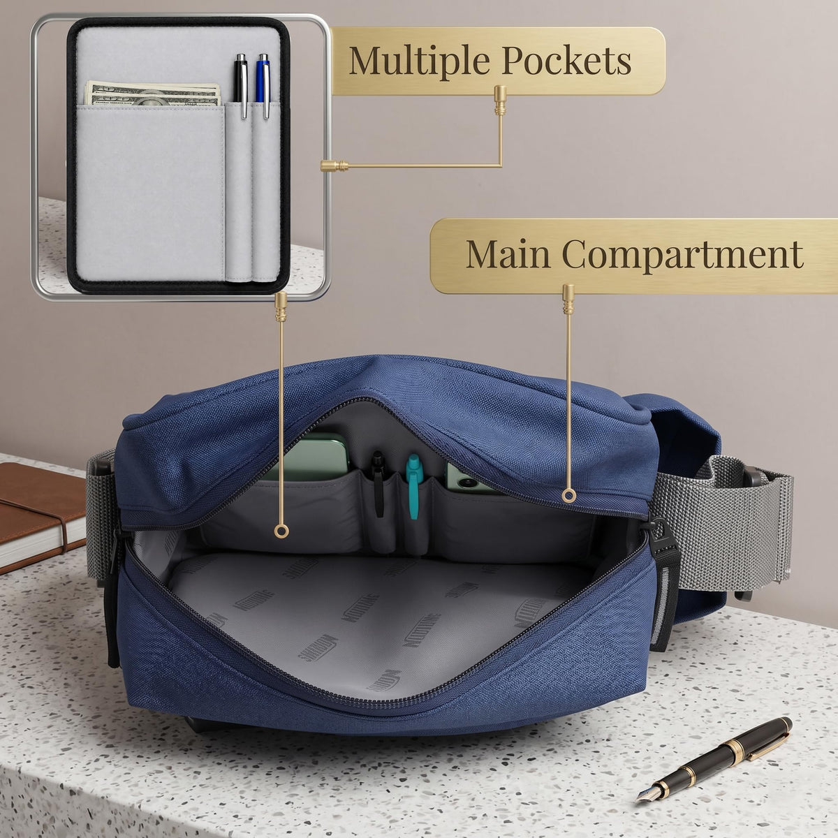 Wooum Water Resistance Side Bag - Travel Bag - Office Business Bag - Cross Body Bag - Messenger Bag - Sling Bag for Men and Women Adjustable Strap (Navy Blue)