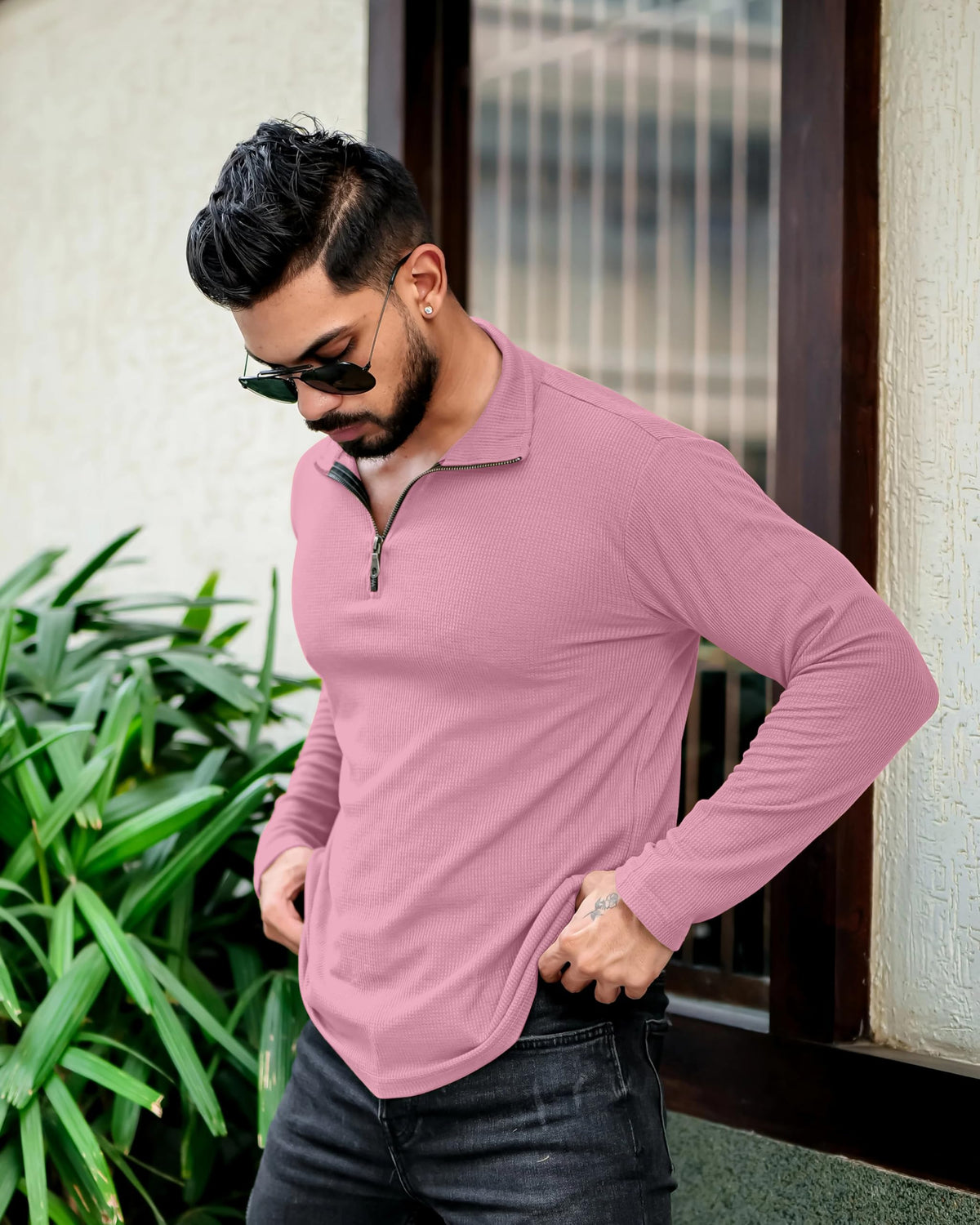 KAJARU Men's Polyester Blend T Shirt with Spread Collar Neck Line Zipper Closure Full Sleeves Solid Pattern Regular Fit and Standard Length