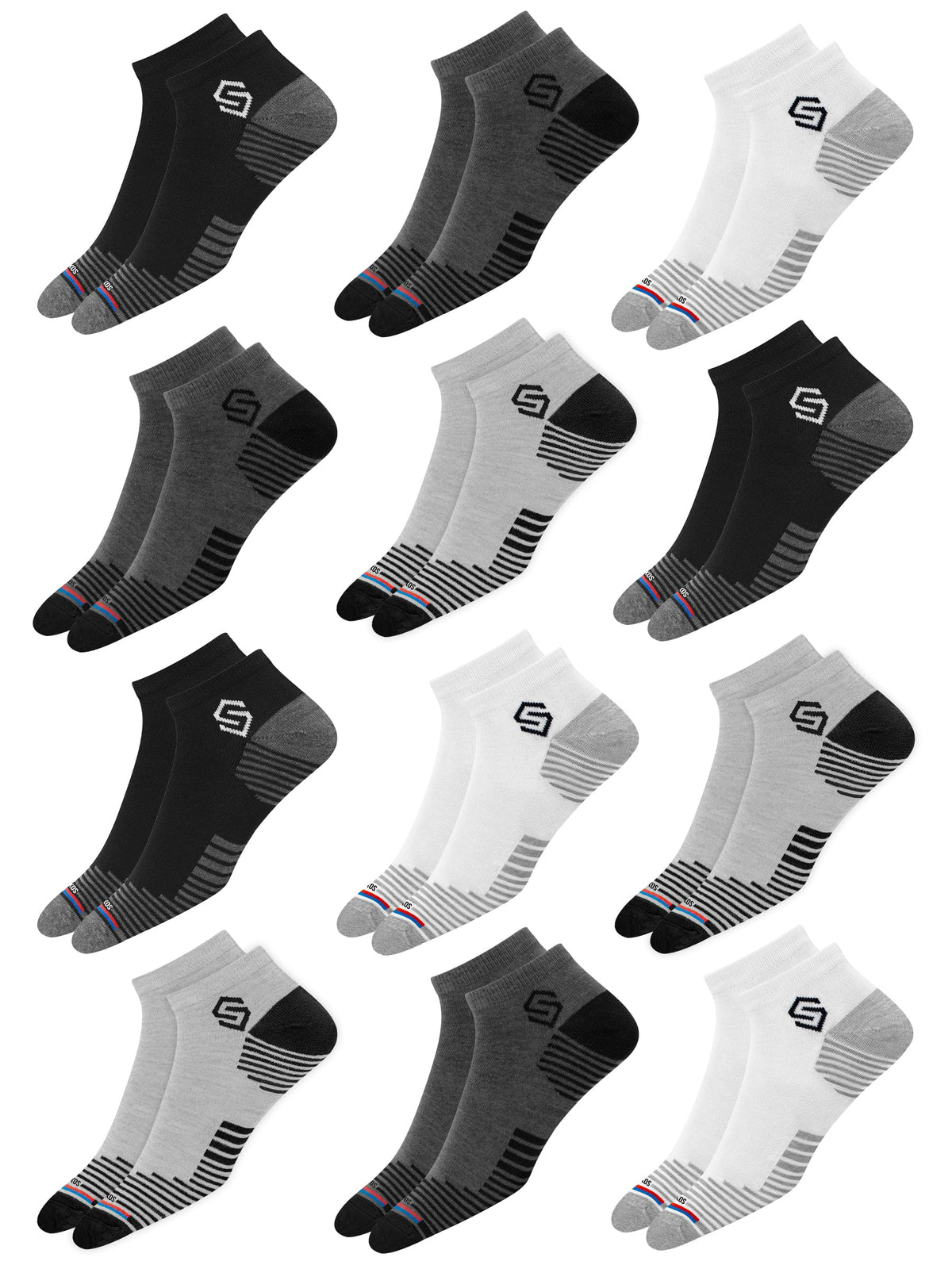 SWAGR 12 Pairs Sports Cotton Ankle Length Socks for Men, Pack of 12., Assorted