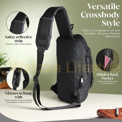 Walizza Lifestyle Sling Bag for Men & Women– Crossbody Sling Bag for Travel, Cycling & Hiking | Waterproof Shoulder Bag with Compartment and Zipper Pockets (Matte-Black)