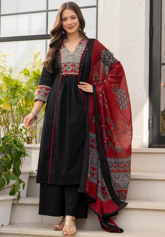 Amayra Women's Pure Cotton A-Line Kurta Set with Palazzo Pants & Dupatta|Ethnic wear|Kurti Suit Set for Women(TCK728,Black,XXL)