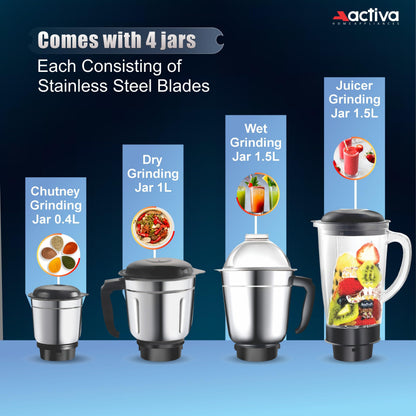 ACTIVA Megamix 1000W Mixer Grinder with 4 Jars for Dry, Wet & Chutney Grinding | Stainless Steel Blades | Leak-Proof Airtight Jars | Shock-Proof Body | Safety Lock System | 2-Year Warranty