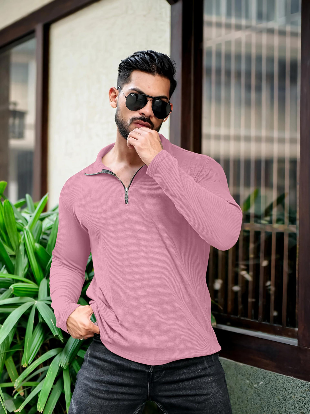 KAJARU Men's Polyester Blend T Shirt with Spread Collar Neck Line Zipper Closure Full Sleeves Solid Pattern Regular Fit and Standard Length