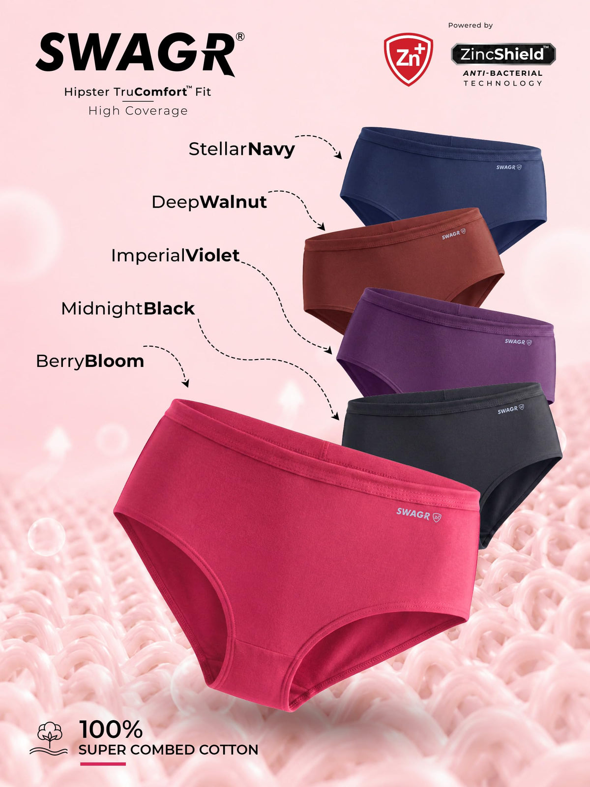 SWAGR 5 Pack Women's High Coverage Super Combed Cotton Hipster Panty Set | Powered by ZincShield Anti-Bacterial Tech | BreatheSoft Fabric | Size Large | Dark Multicolor | SOXCO Style HP06
