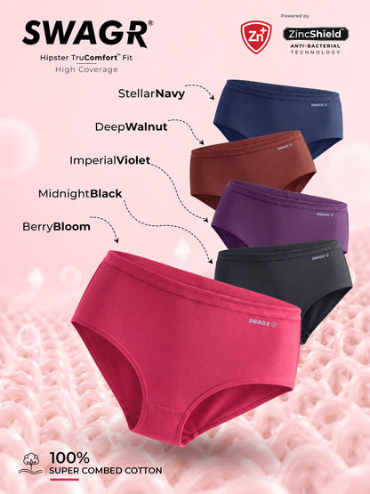 SWAGR 5 Pack Women's High Coverage Super Combed Cotton Hipster Panty Set | Powered by ZincShield Anti-Bacterial Tech | BreatheSoft Fabric | Size Large | Dark Multicolor | SOXCO Style HP06