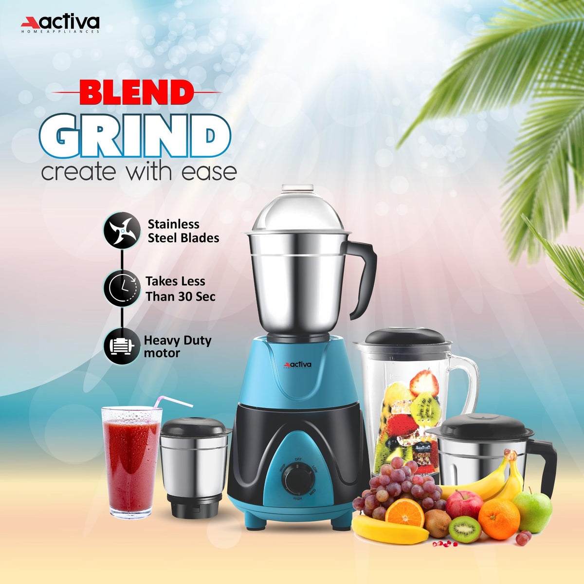 ACTIVA Megamix 1000W Mixer Grinder with 4 Jars for Dry, Wet & Chutney Grinding | Stainless Steel Blades | Leak-Proof Airtight Jars | Shock-Proof Body | Safety Lock System | 2-Year Warranty