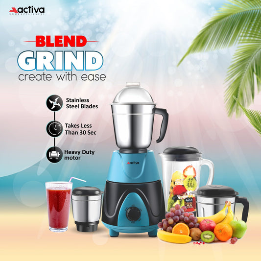 ACTIVA Megamix 1000W Mixer Grinder with 4 Jars for Dry, Wet & Chutney Grinding | Stainless Steel Blades | Leak-Proof Airtight Jars | Shock-Proof Body | Safety Lock System | 2-Year Warranty