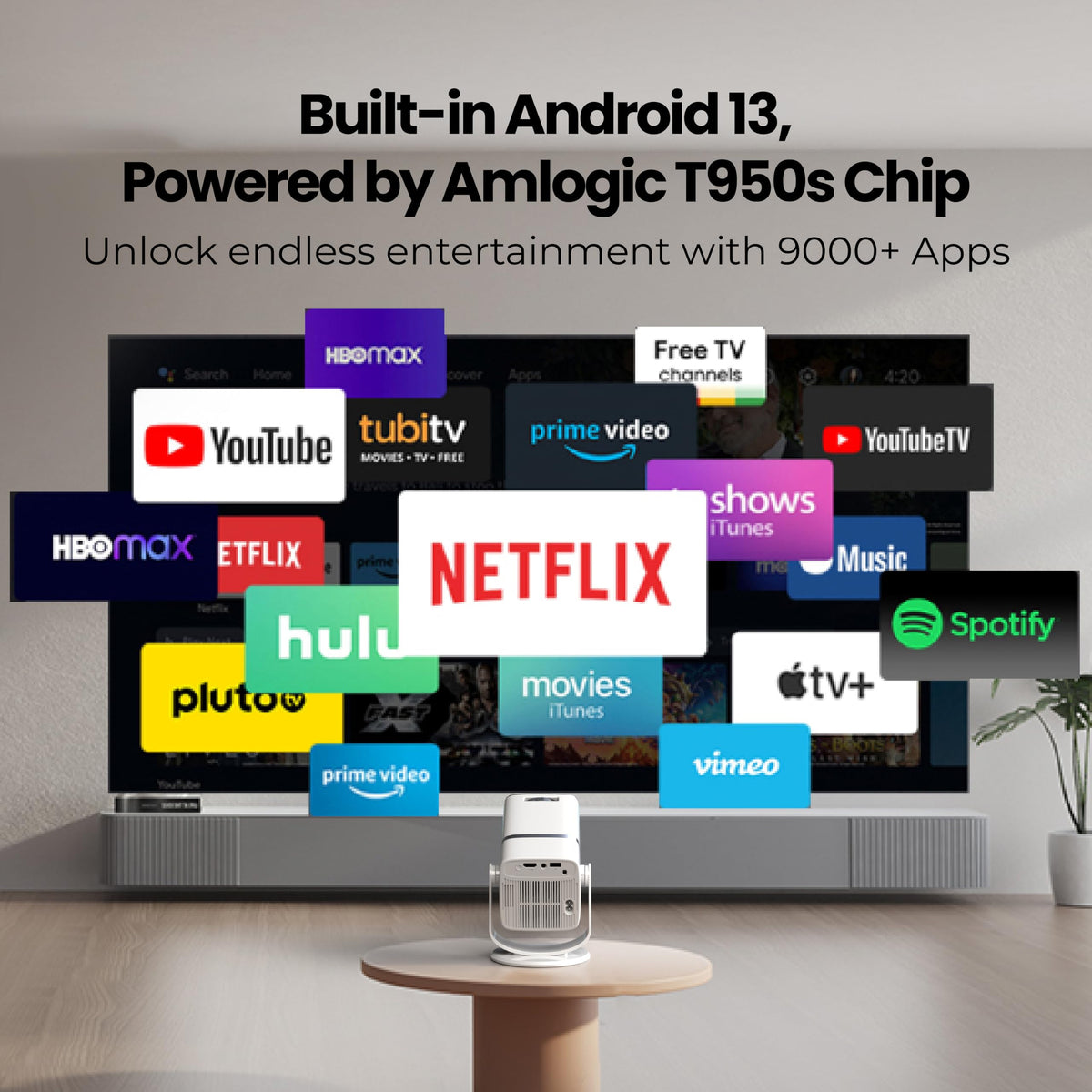 E GATE Atom 3X Projector 4k Ultra HD Full HD 1080p Native Automatic Home Projector for Room | 300 ISO | Rotatable Design | Android Netflix Prime | ARC-HDMI USB WiFi-6 BT Screen Mirroring Egate