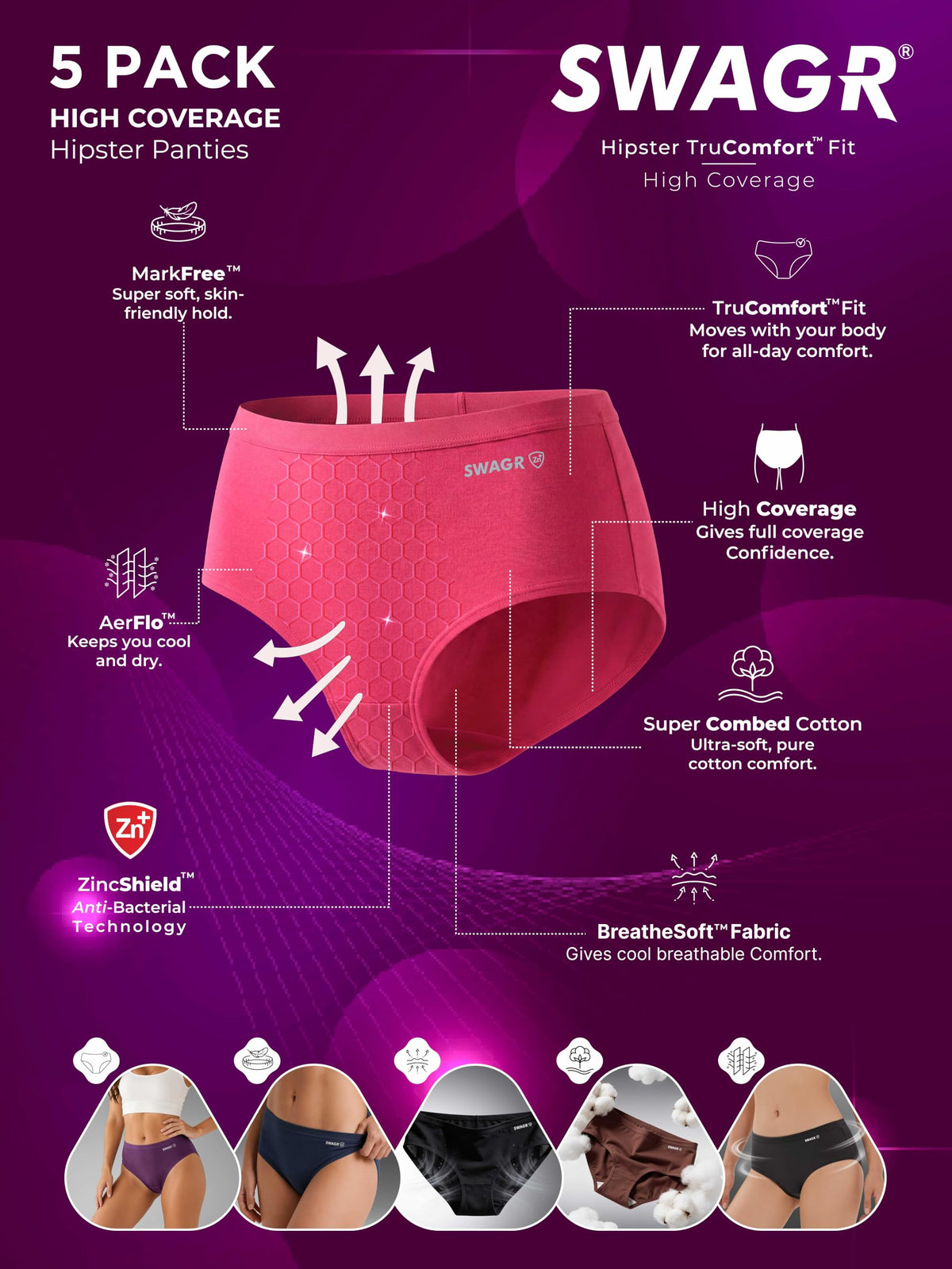SWAGR 5 Pack Women's High Coverage Super Combed Cotton Hipster Panty Set | Powered by ZincShield Anti-Bacterial Tech | BreatheSoft Fabric | Size Large | Dark Multicolor | SOXCO Style HP06