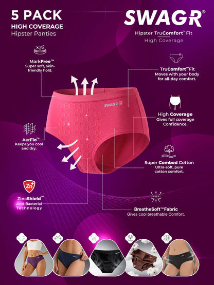 SWAGR 5 Pack Women's High Coverage Super Combed Cotton Hipster Panty Set | Powered by ZincShield Anti-Bacterial Tech | BreatheSoft Fabric | Size Large | Dark Multicolor | SOXCO Style HP06