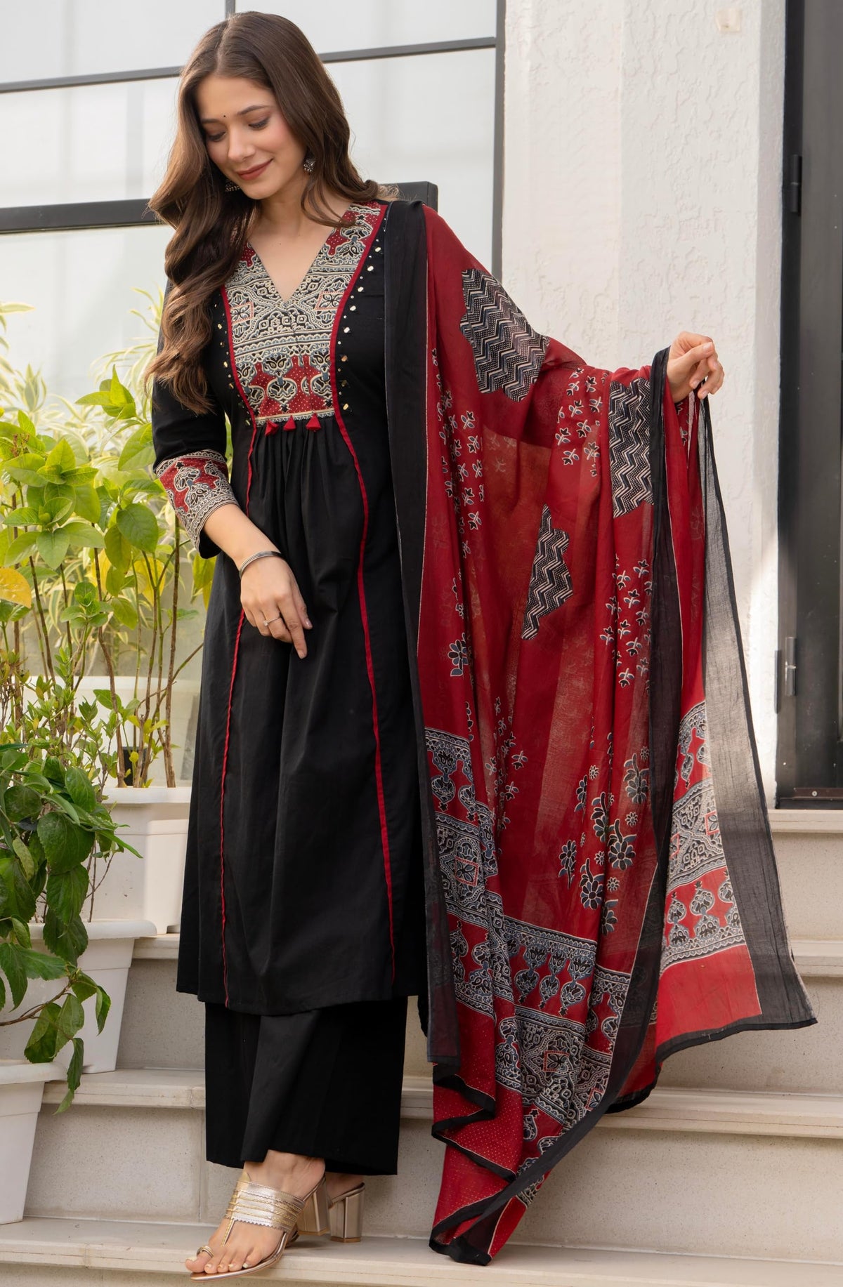 Amayra Women's Pure Cotton A-Line Kurta Set with Palazzo Pants & Dupatta|Ethnic wear|Kurti Suit Set for Women(TCK728,Black,XXL)