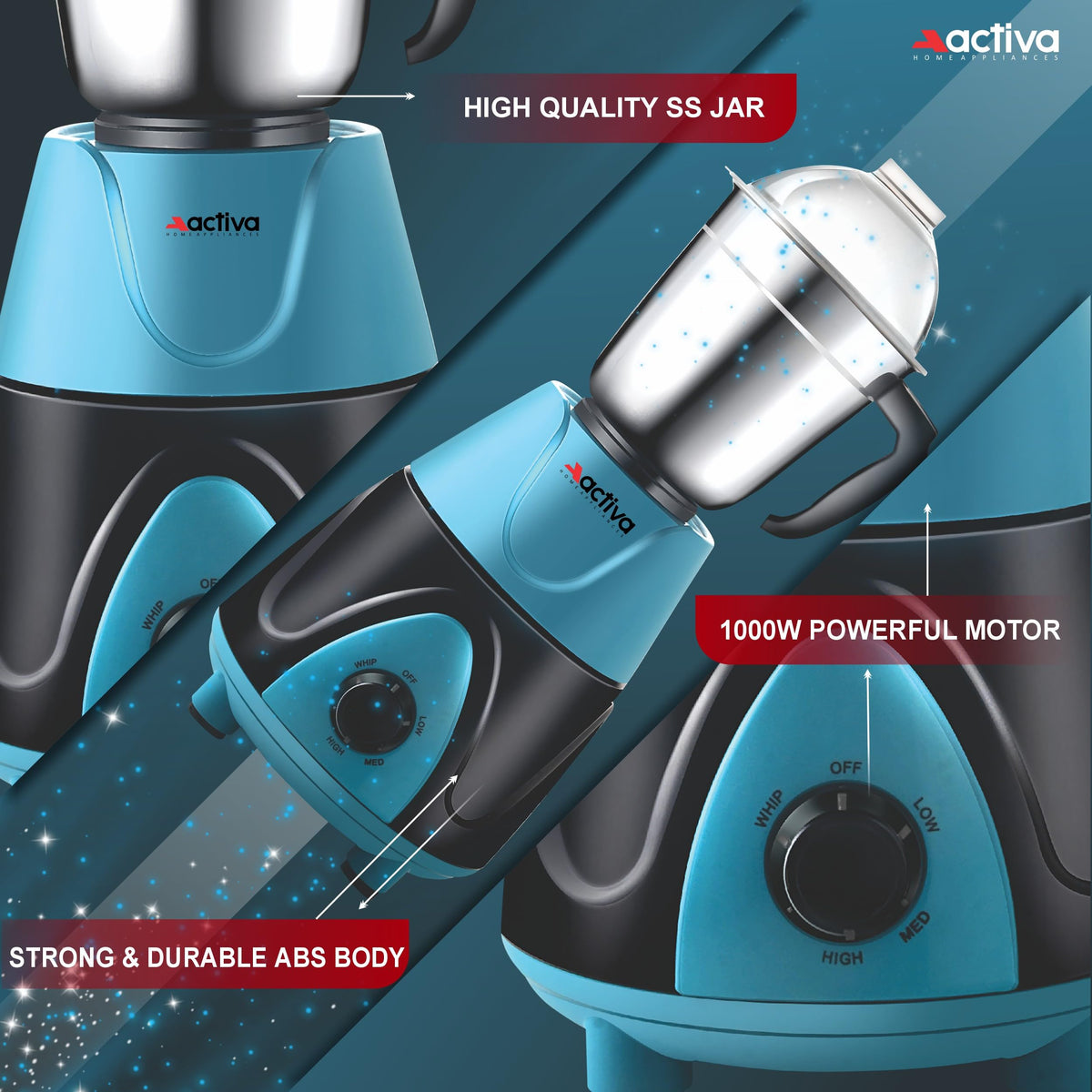 ACTIVA Megamix 1000W Mixer Grinder with 4 Jars for Dry, Wet & Chutney Grinding | Stainless Steel Blades | Leak-Proof Airtight Jars | Shock-Proof Body | Safety Lock System | 2-Year Warranty