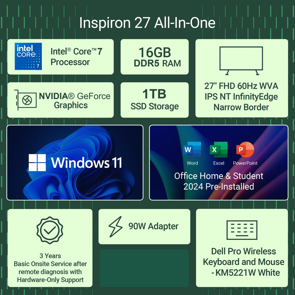 Dell 27 All-in-One|14th i7-150U, 16GB RAM DDR5 1TB SSD,Intel Graphics|27" FHD AG,IPS, 99% SRGB|Win 11+MSO'24+O365|Molded Speaker Grill|Intel WiFi 6e|5MP Pop-Up IR Camera|Dolby Atmos Dual Speakers