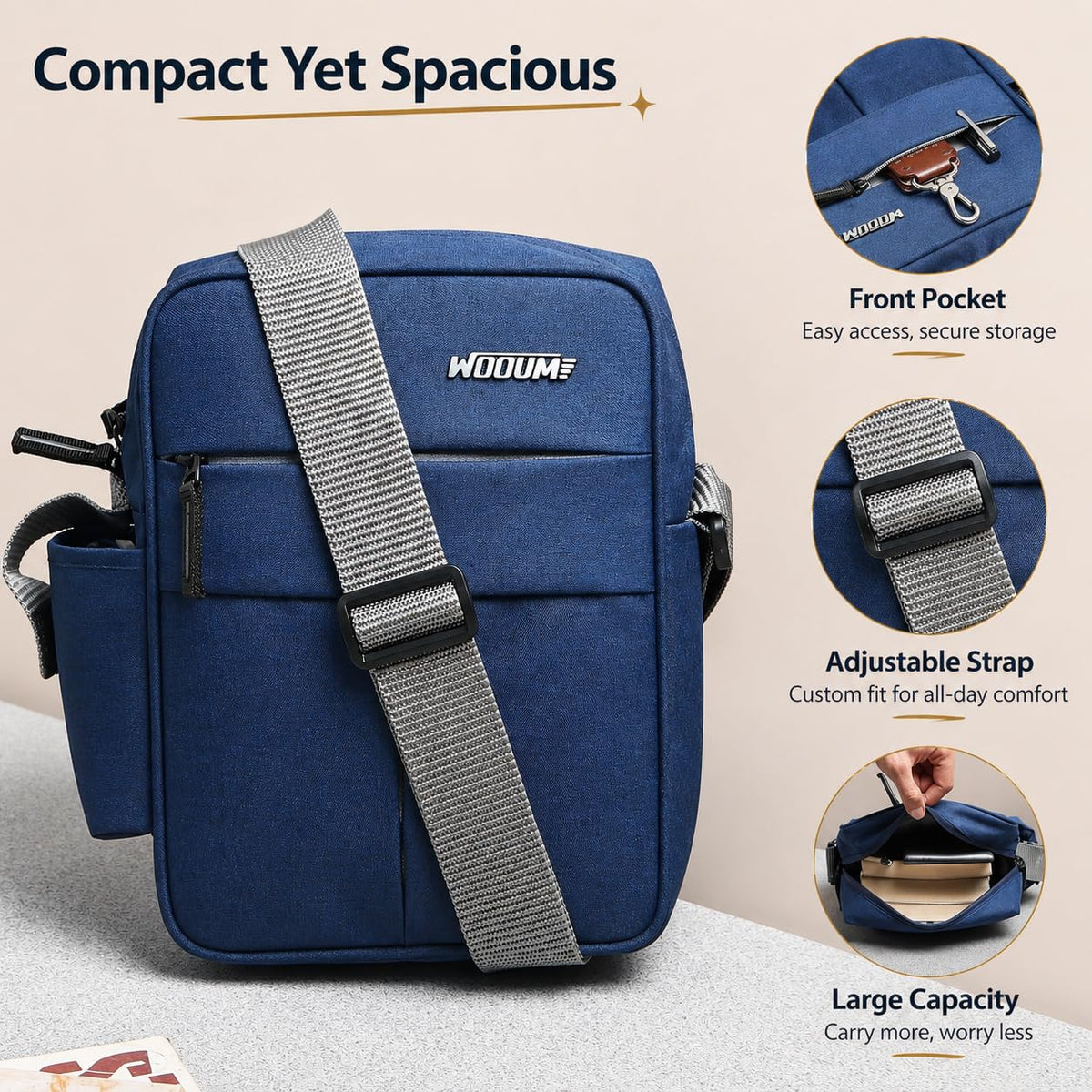 Wooum Water Resistance Side Bag - Travel Bag - Office Business Bag - Cross Body Bag - Messenger Bag - Sling Bag for Men and Women Adjustable Strap (Navy Blue)