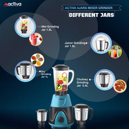 ACTIVA Megamix 1000W Mixer Grinder with 4 Jars for Dry, Wet & Chutney Grinding | Stainless Steel Blades | Leak-Proof Airtight Jars | Shock-Proof Body | Safety Lock System | 2-Year Warranty
