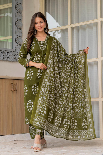 PARTHVI Women's Pure Cotton Printed Straight Kurta Set with Palazzo Pants & Dupatta- Ethnic Wear, Green