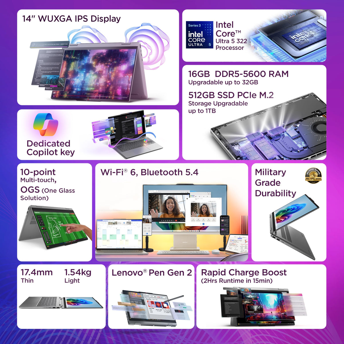 Lenovo IdeaPad 5 2-in-1 Convertible Laptop Intel Core Ultra 5 322 16GB RAM 512GB SSD 14" (35.5cm) WUXGA IPS Copilot+PC Windows 11 MS365 Basic+Office 2024 Pen 2 1Yr ADP Grey 1.54Kg 83UG000HIN