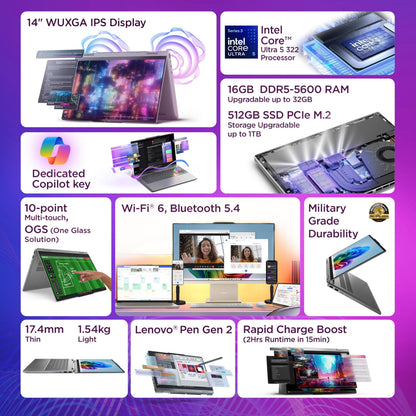 Lenovo IdeaPad 5 2-in-1 Convertible Laptop Intel Core Ultra 5 322 16GB RAM 512GB SSD 14" (35.5cm) WUXGA IPS Copilot+PC Windows 11 MS365 Basic+Office 2024 Pen 2 1Yr ADP Grey 1.54Kg 83UG000HIN