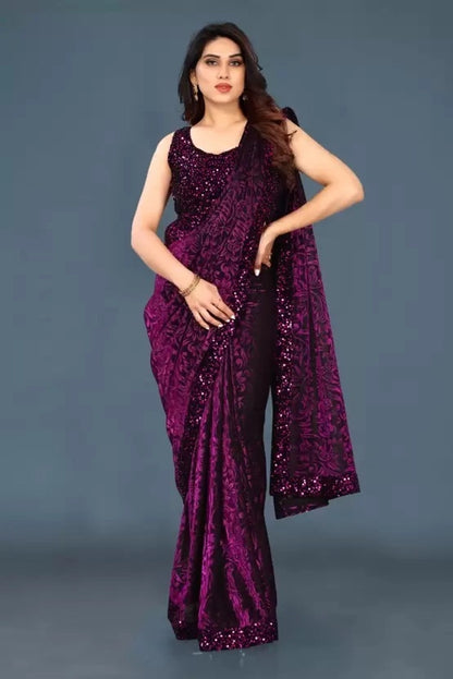 Lycra Blend Solid Saree for Women (Navy Blue, 6.3 m)